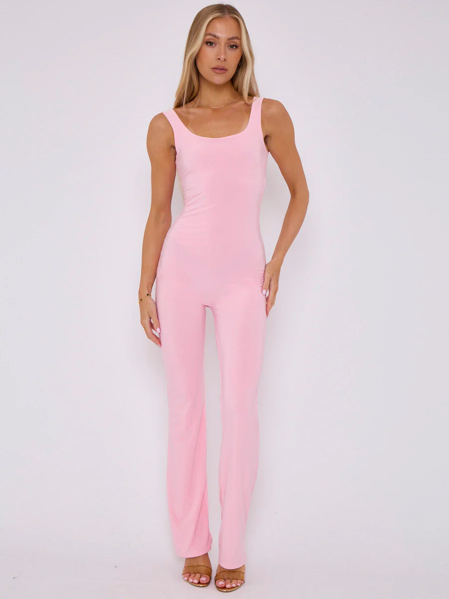 open back ruched slinky jumpsuit pink