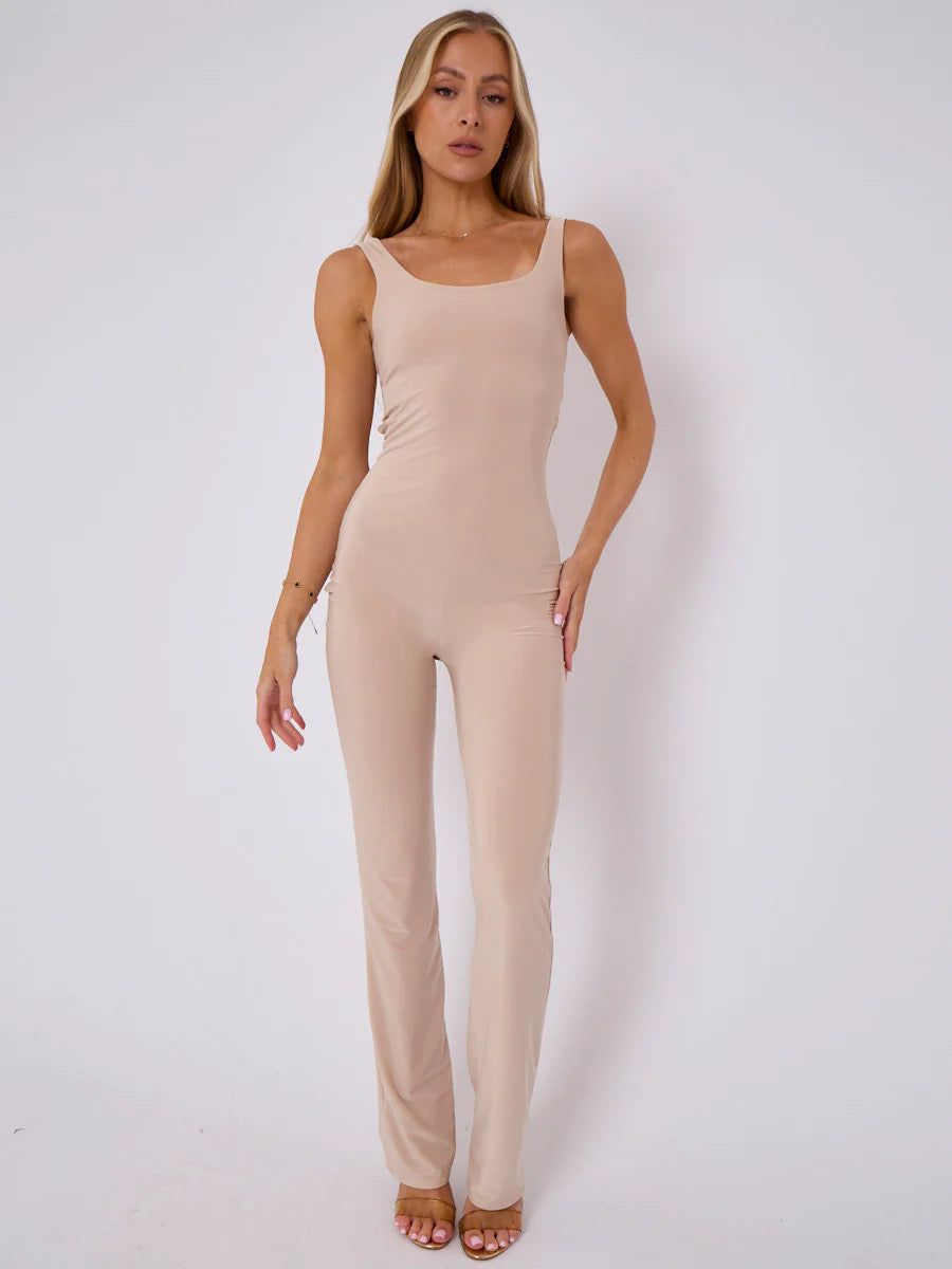 open back ruched slinky jumpsuit stone