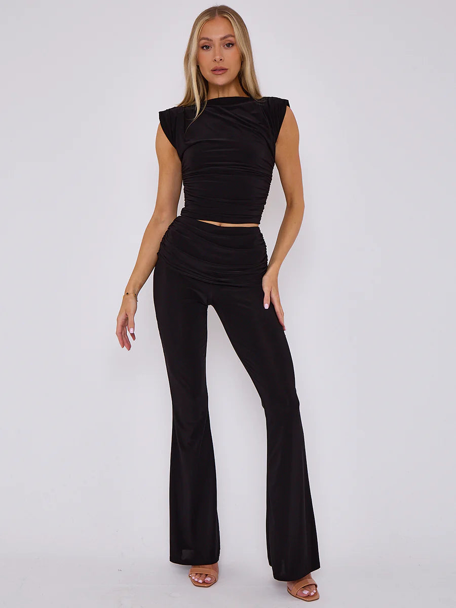 padded shoulder top fold over flared trouser co ord