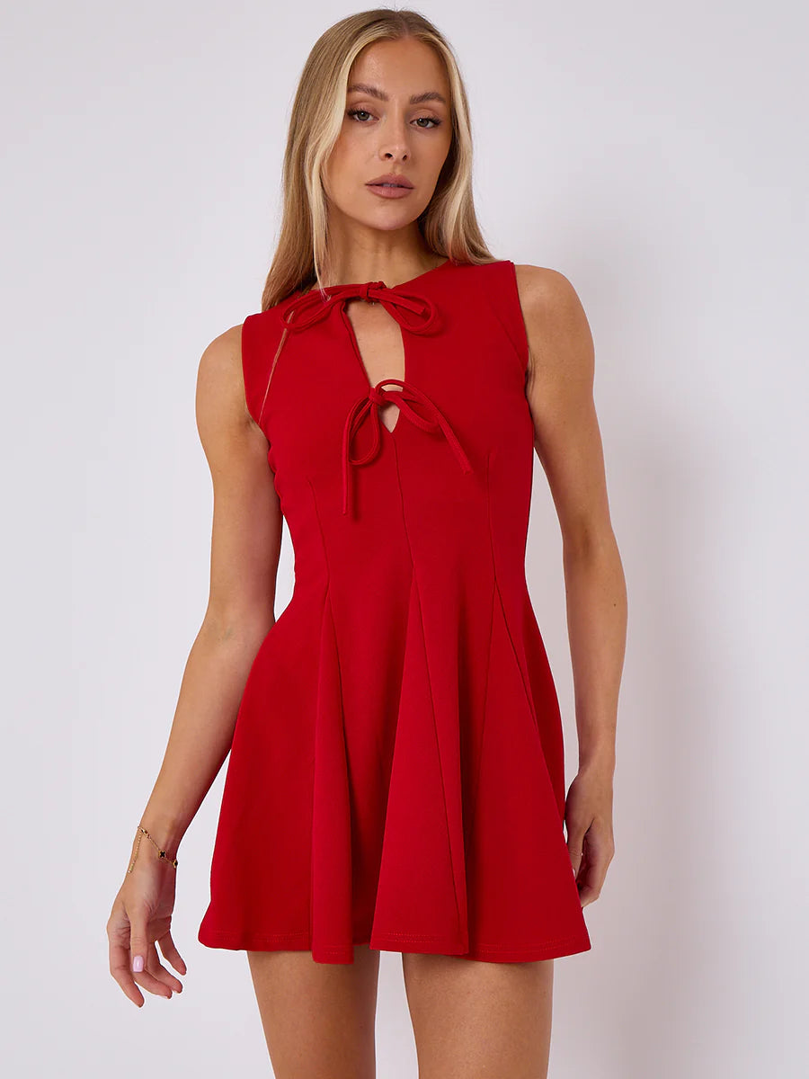 pleated a line tie front flare dress