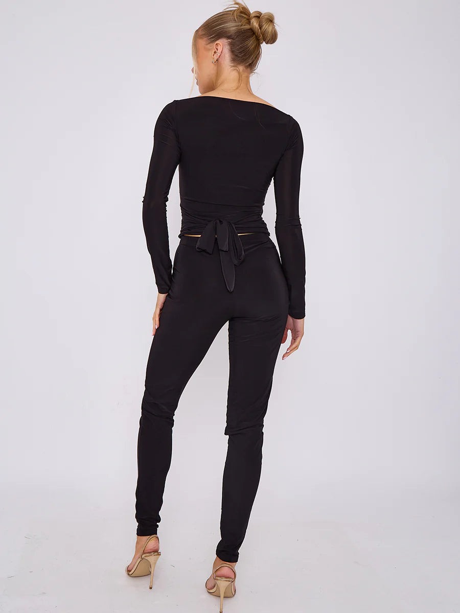 plunge wrap detail top and leggings slinky co ord set black rear