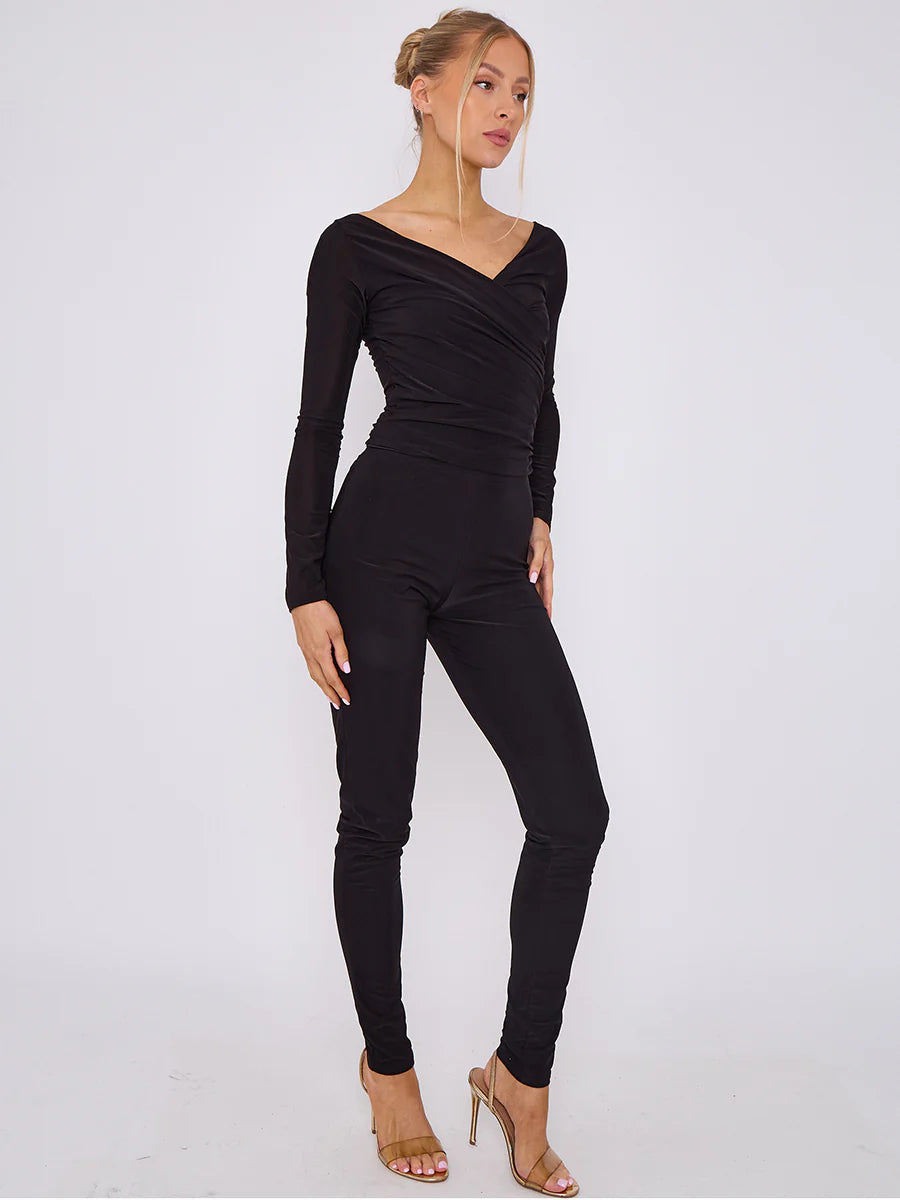 plunge wrap detail top and leggings slinky co ord set black side alternate