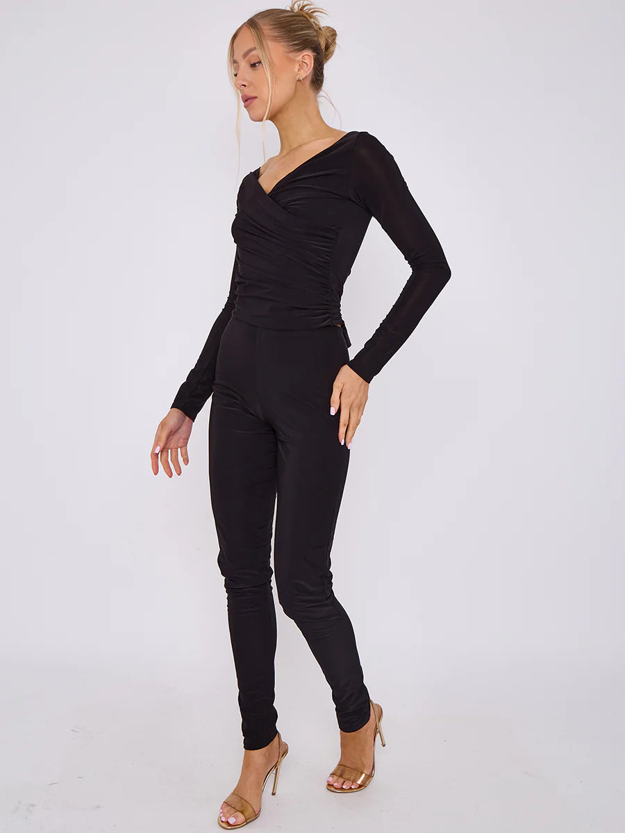 plunge wrap detail top and leggings slinky co ord set black side