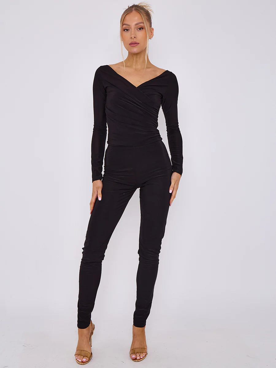 plunge wrap detail top and leggings slinky co ord set black