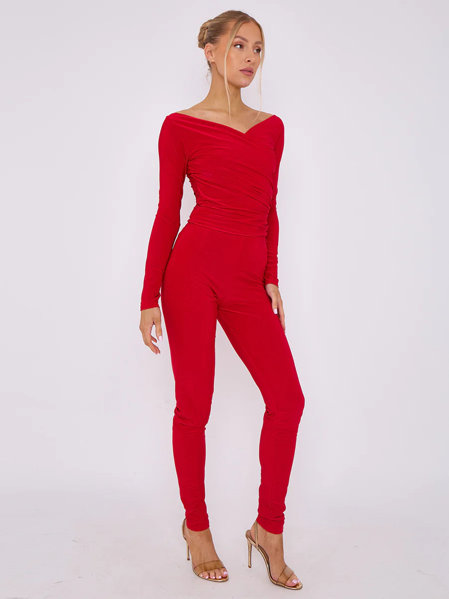 plunge wrap detail top and leggings slinky co ord set red side alternate