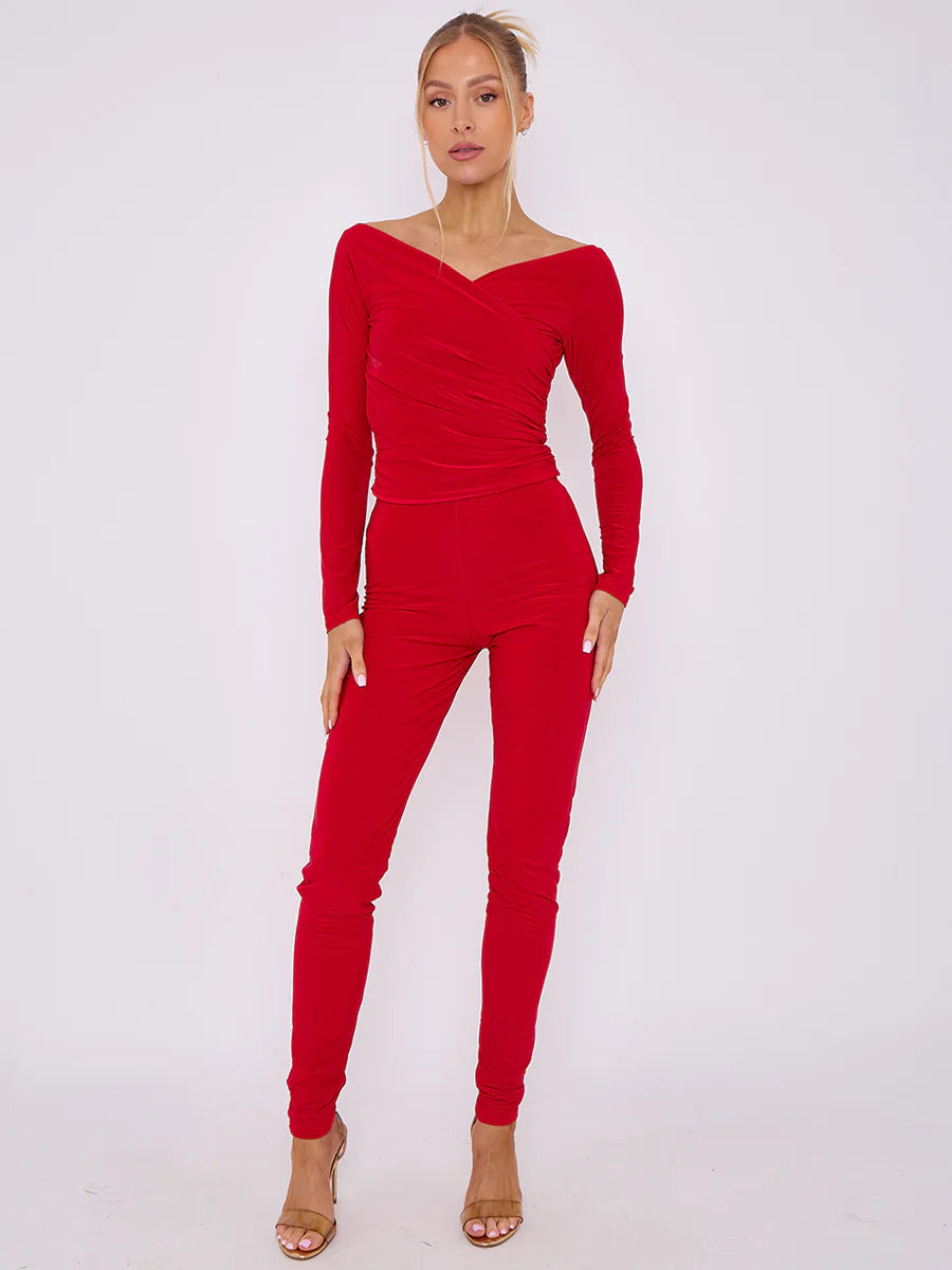 plunge wrap detail top and leggings slinky co ord set red