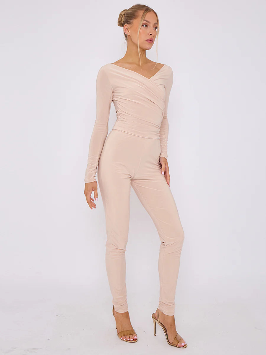 plunge wrap detail top and leggings slinky co ord set stone side