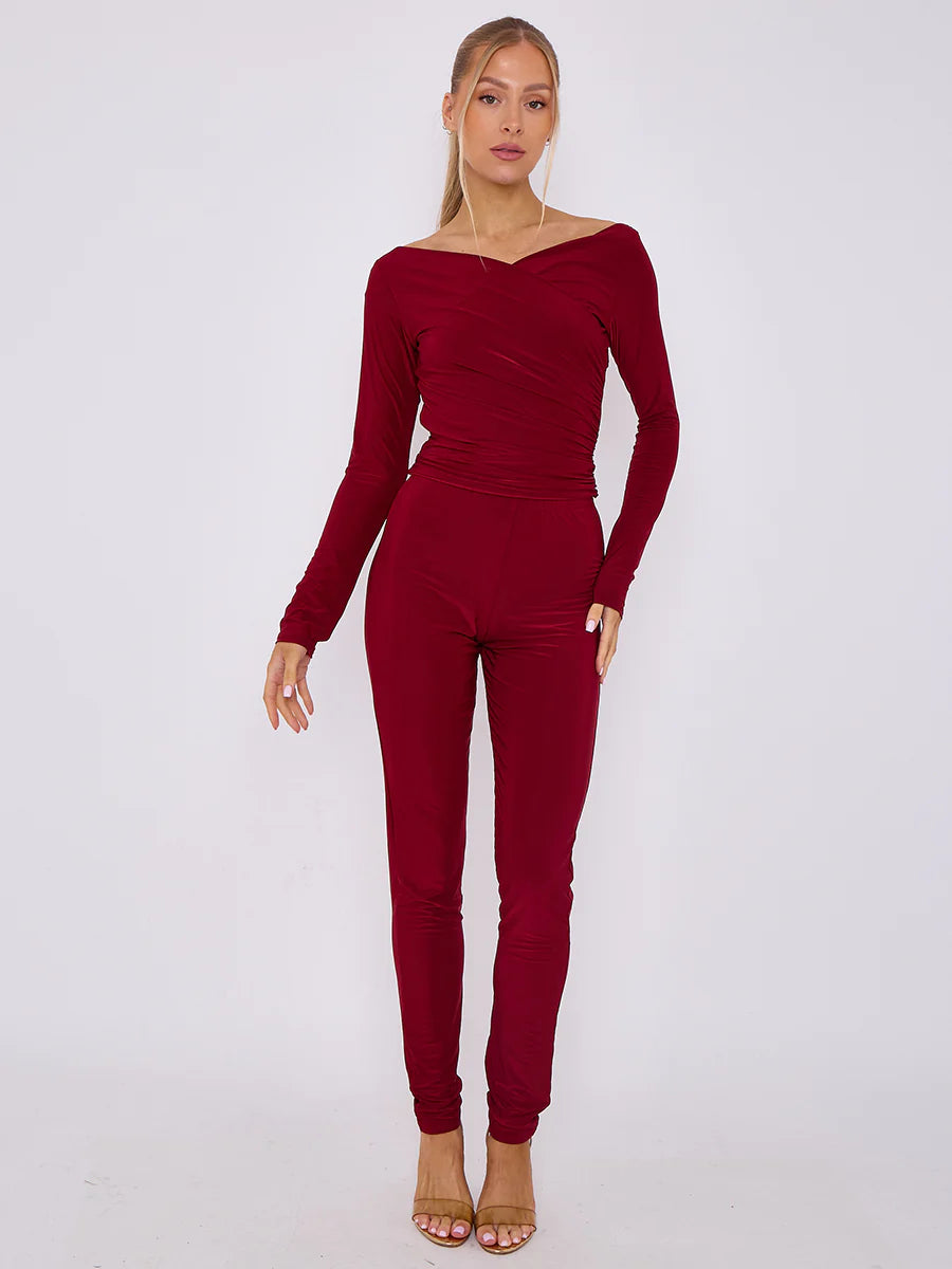 plunge wrap detail top and leggings slinky co ord set wine alternate