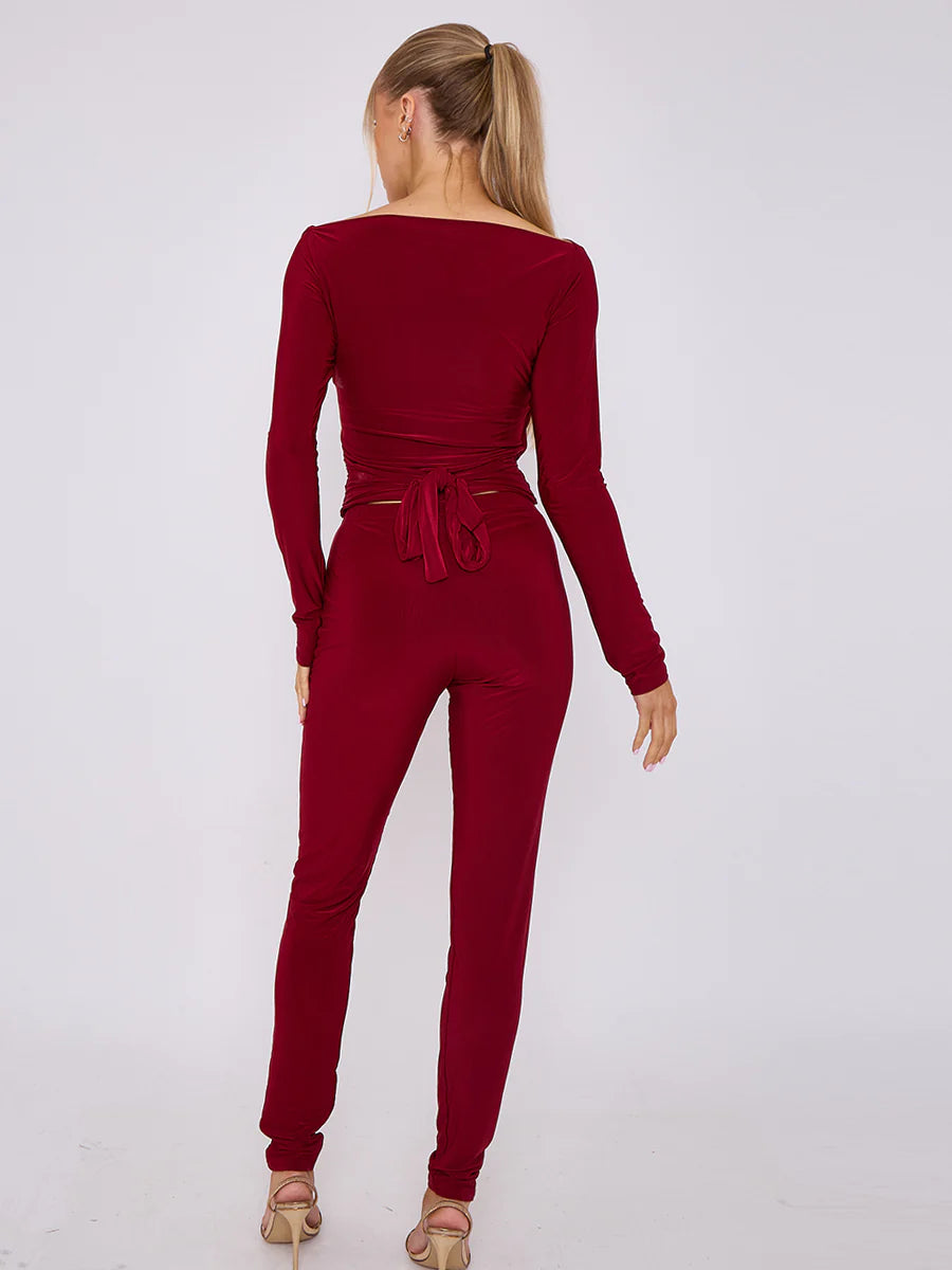 plunge wrap detail top and leggings slinky co ord set wine rear