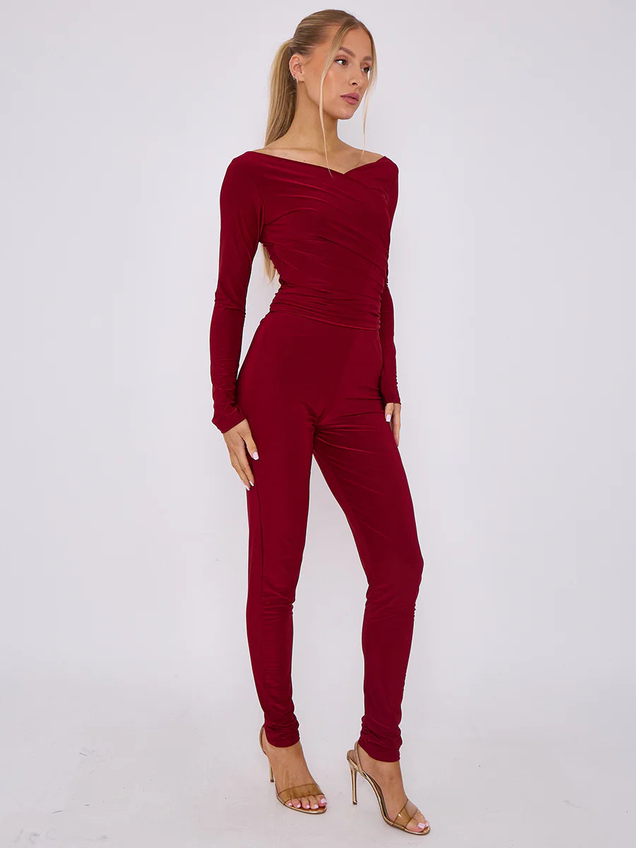 plunge wrap detail top and leggings slinky co ord set wine side