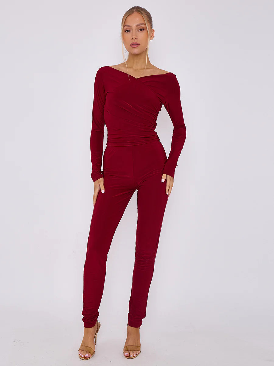 plunge wrap detail top and leggings slinky co ord set wine