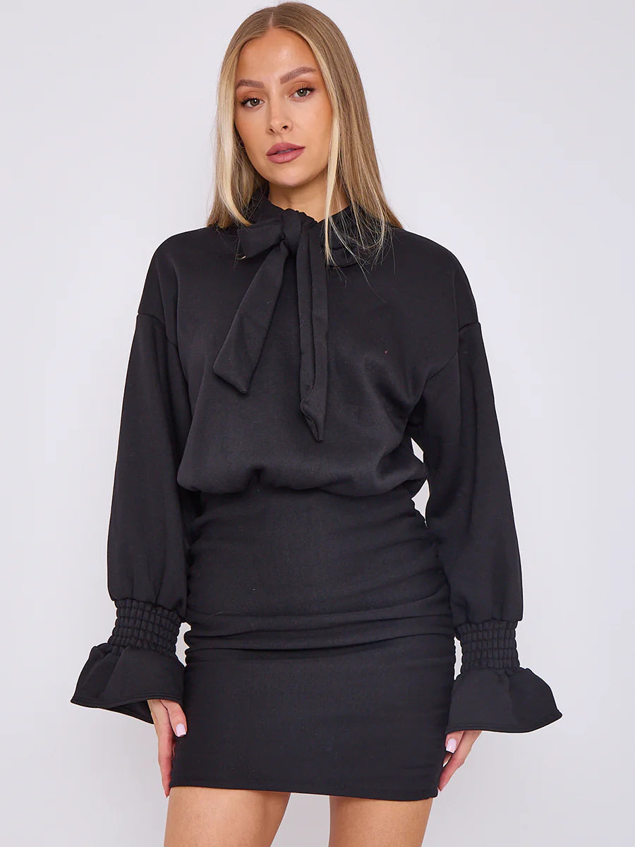 puff detail ruched fleece dress black alternate