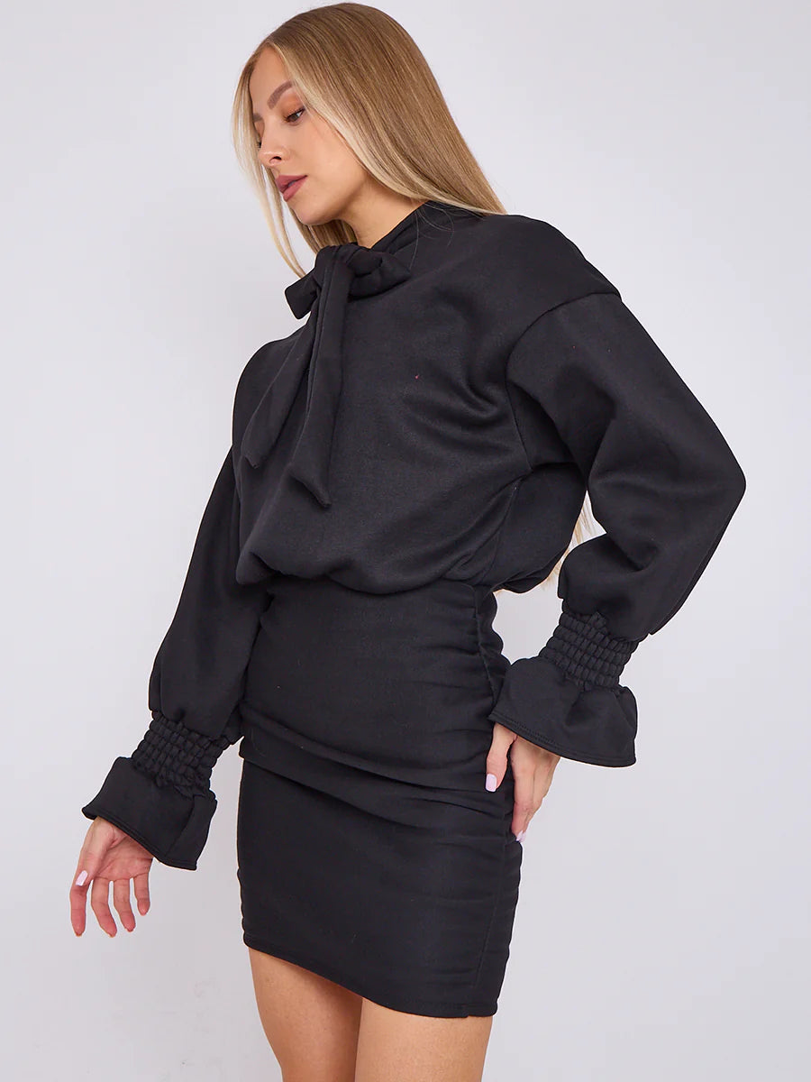 puff detail ruched fleece dress black side