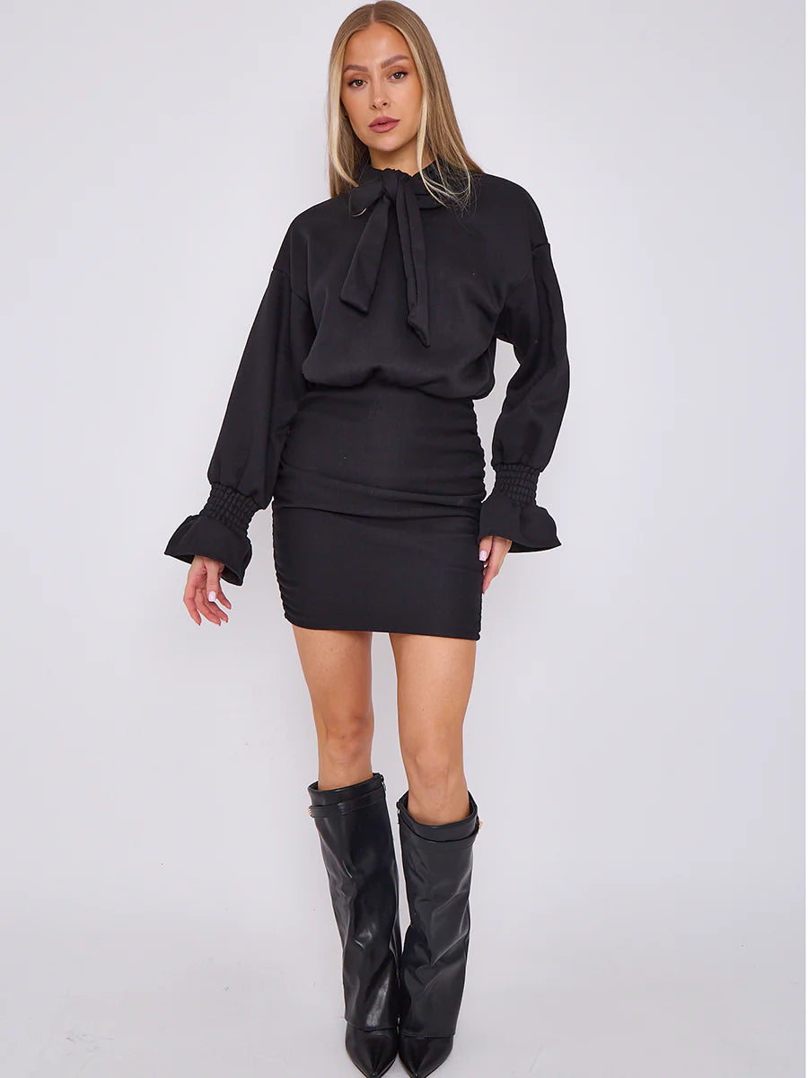 puff detail ruched fleece dress black