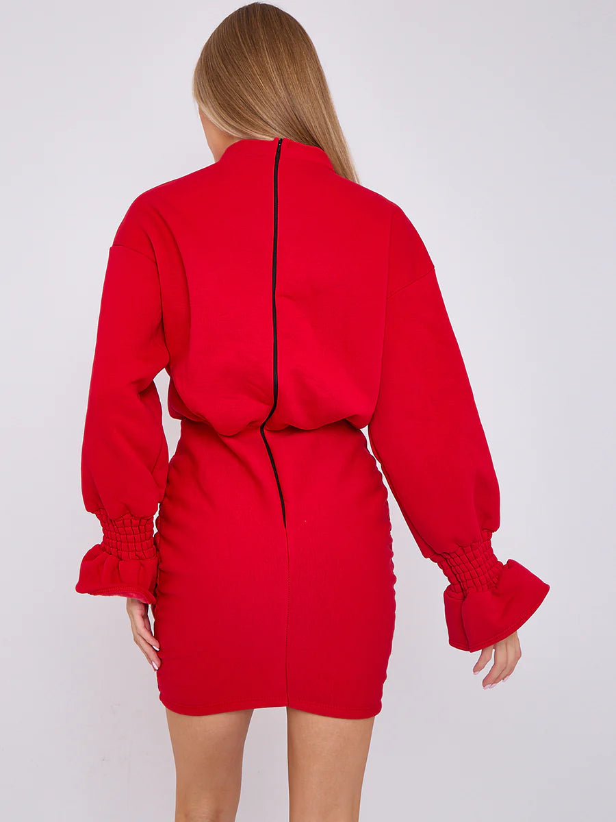 puff detail ruched fleece dress red