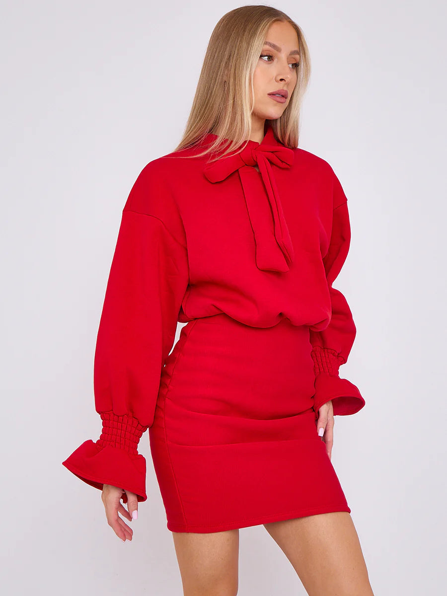 puff detail ruched fleece dress red side alternate