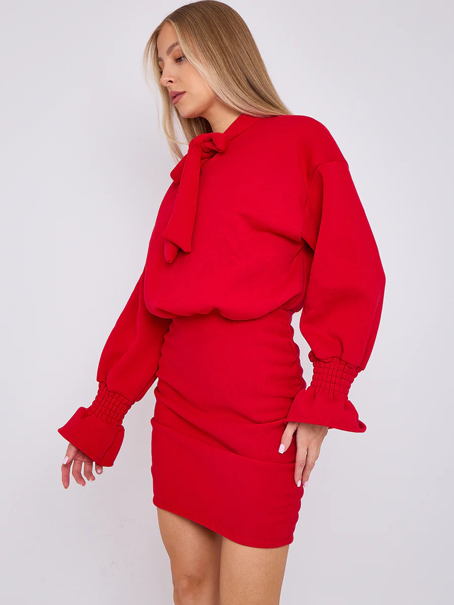 puff detail ruched fleece dress red side