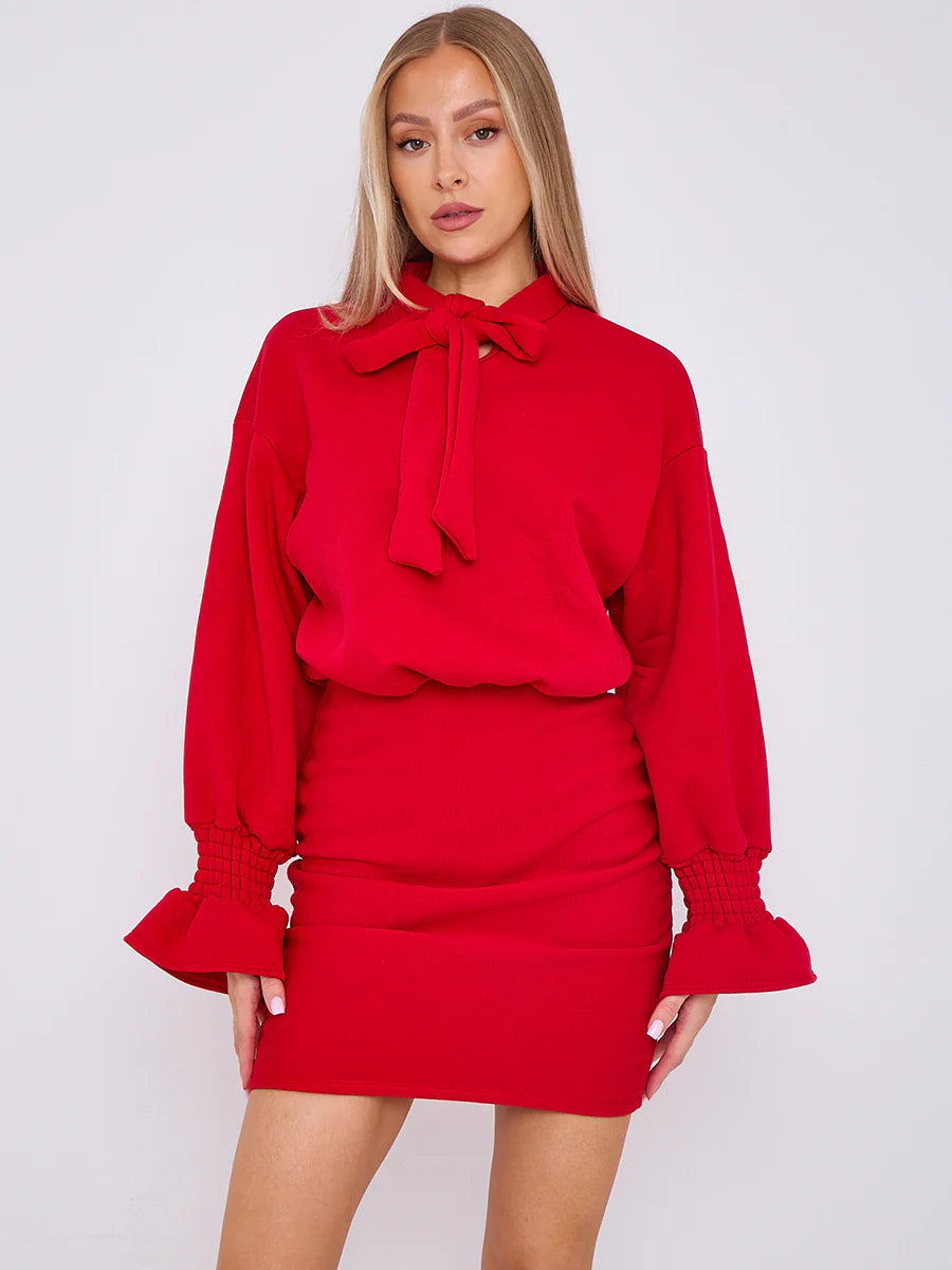 puff detail ruched fleece dress red