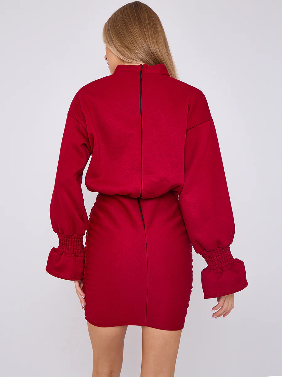 puff detail ruched fleece dress wine rear