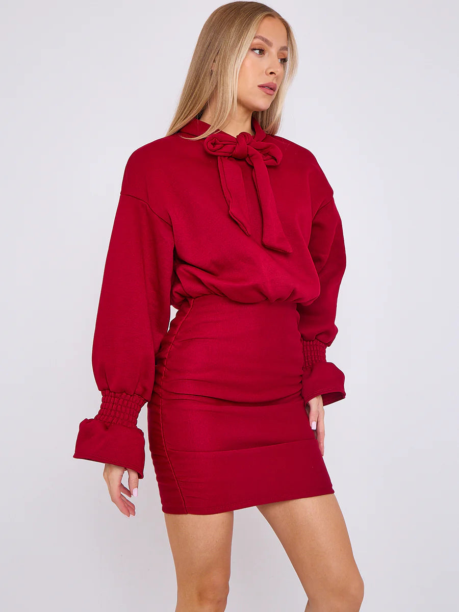 puff detail ruched fleece dress wine side alternate