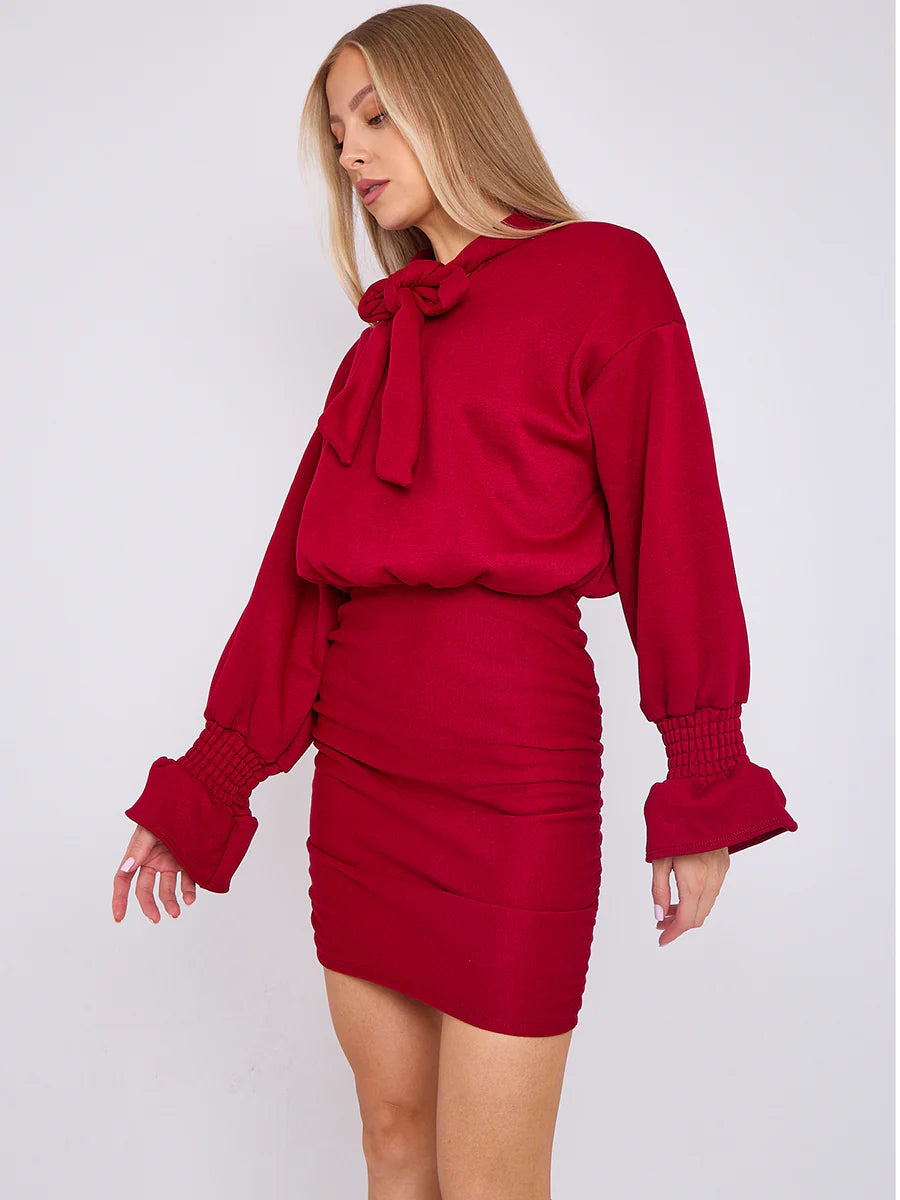 puff detail ruched fleece dress wine side