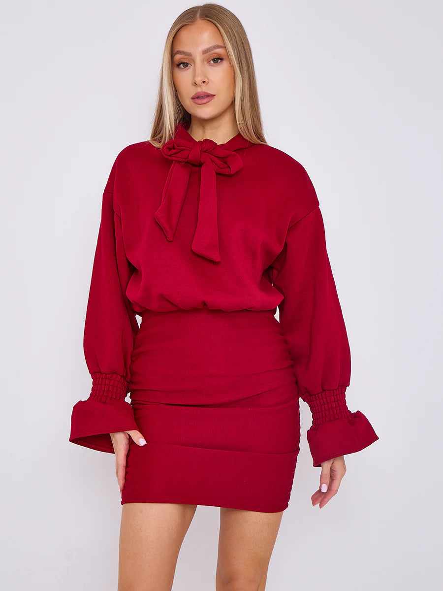 puff detail ruched fleece dress wine