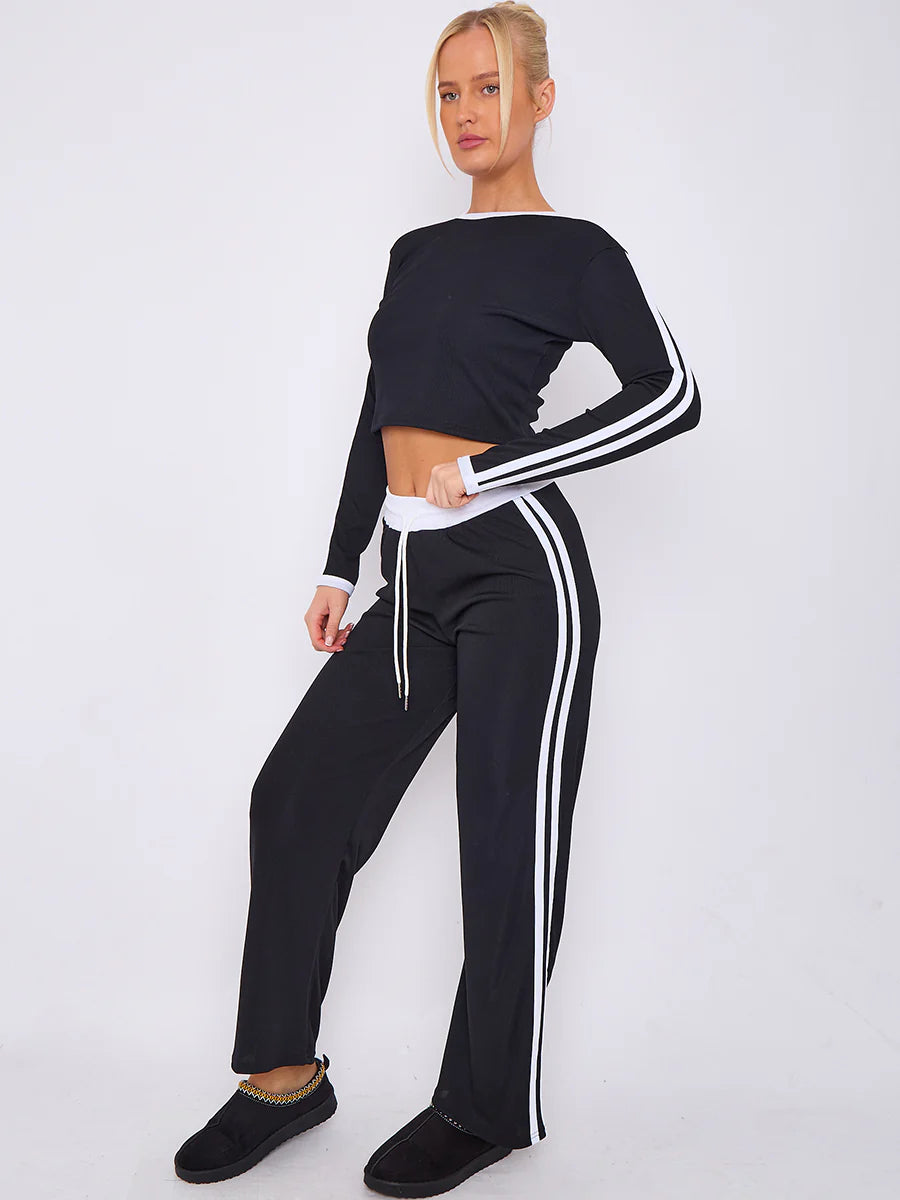 ribbed crop top trouser co ord with stripe detail black side alternate