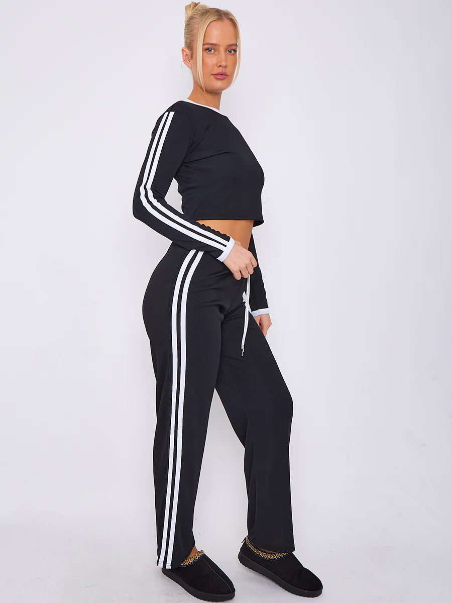 ribbed crop top trouser co ord with stripe detail black side alternative