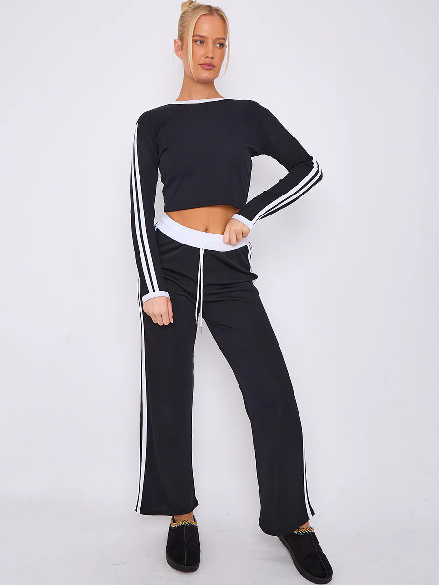 ribbed crop top trouser co ord with stripe detail black side