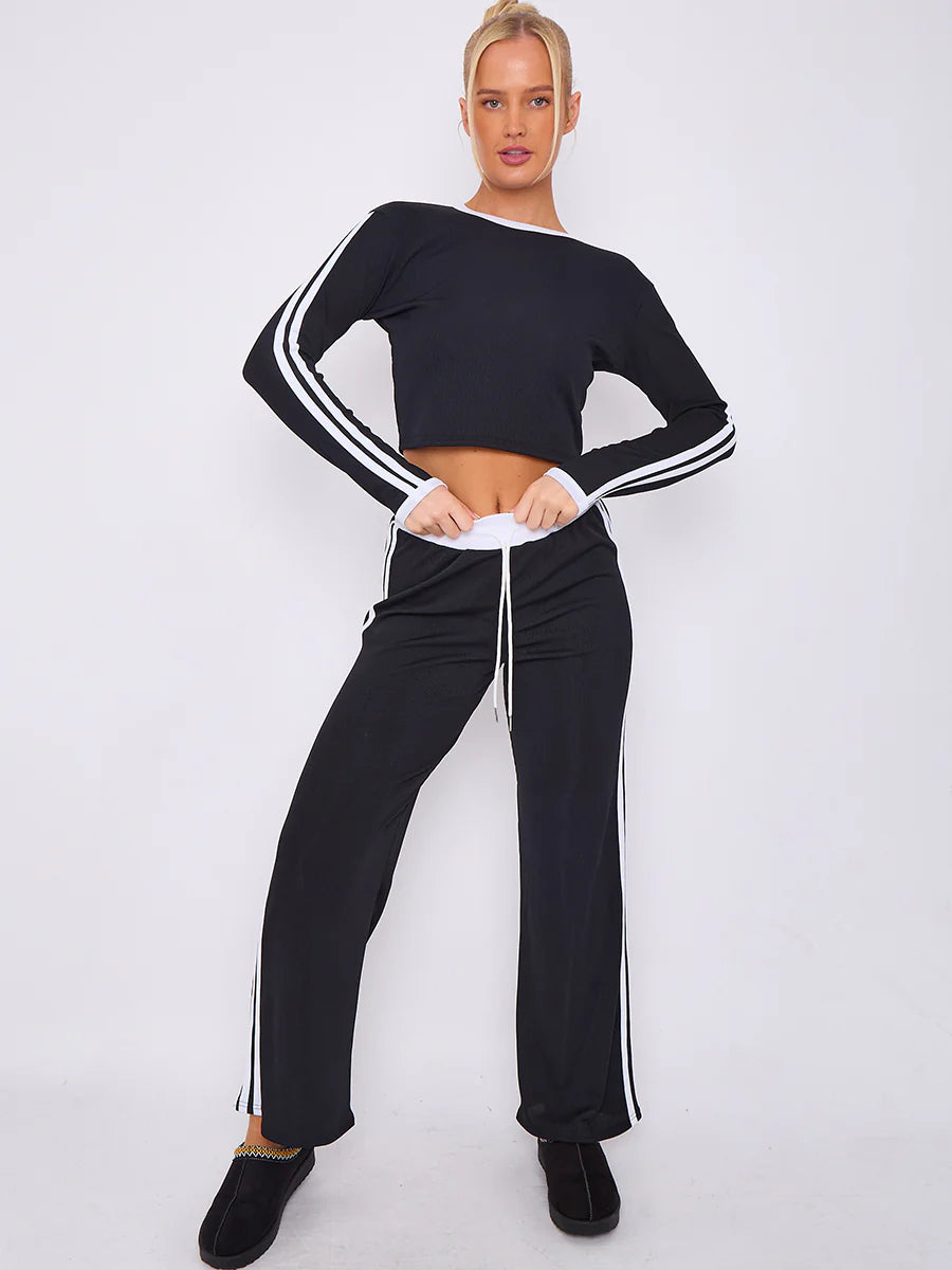 ribbed crop top trouser co ord with stripe detail black