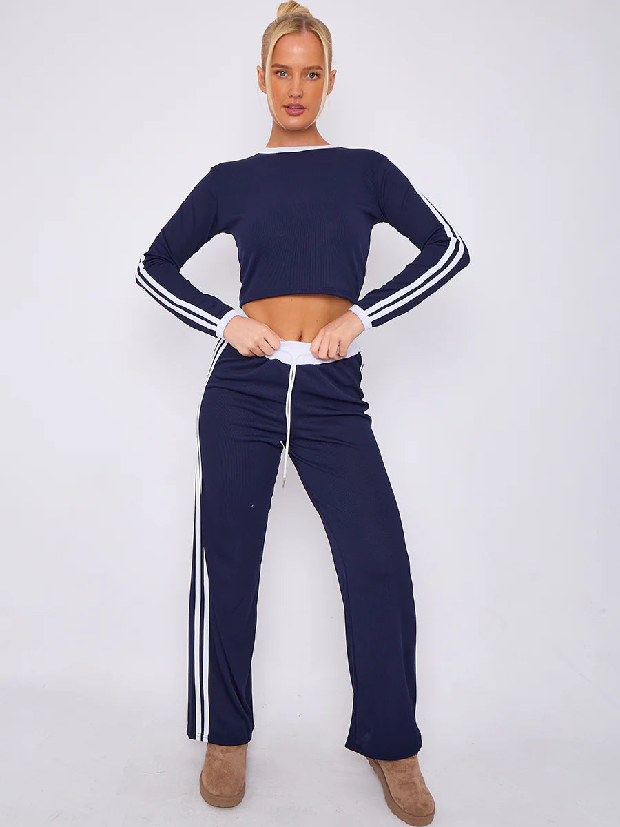 ribbed crop top trouser co ord with stripe detail blue alternate