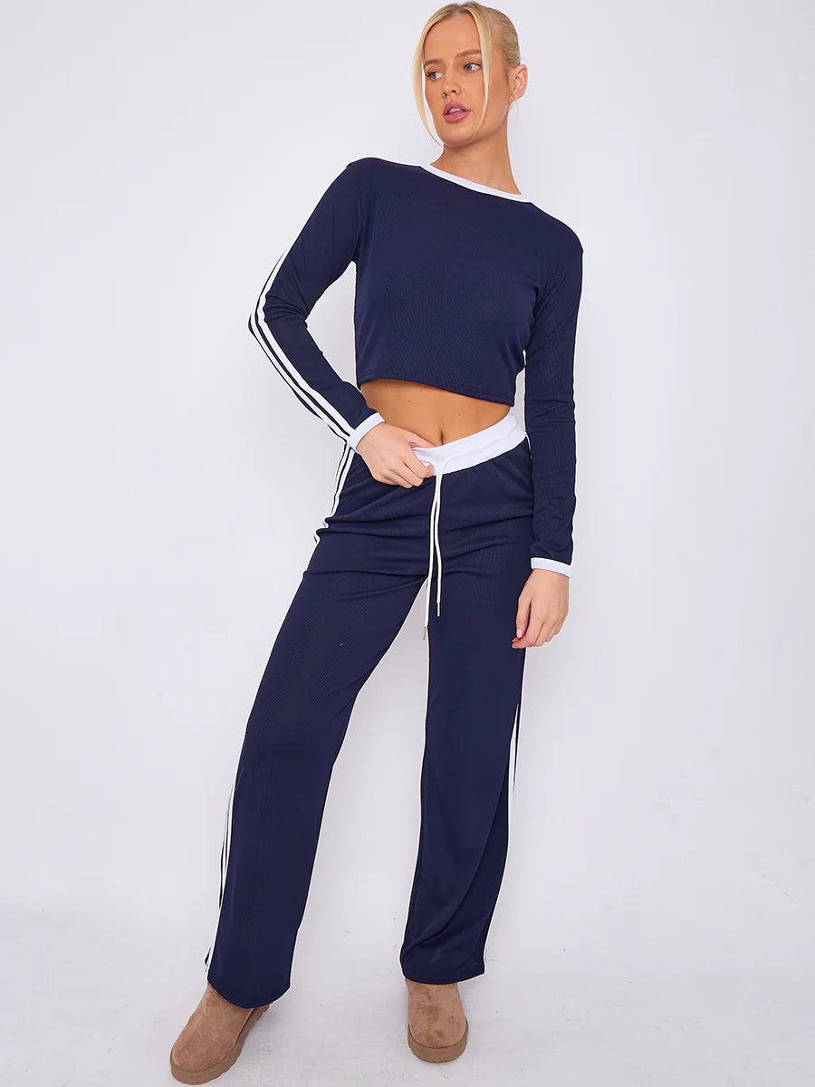 ribbed crop top trouser co ord with stripe detail blue side