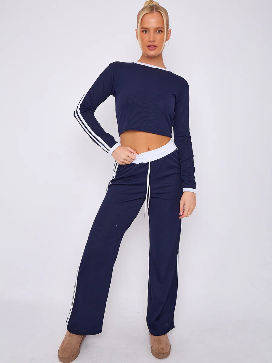 ribbed crop top trouser co ord with stripe detail blue