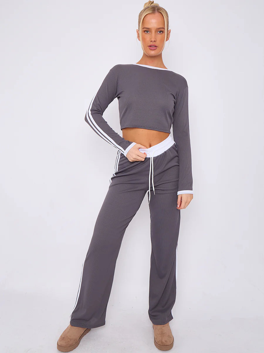 ribbed crop top trouser co ord with stripe detail charcoal alternate