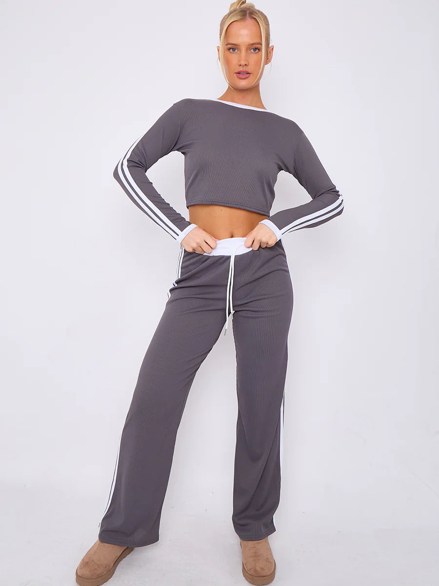 ribbed crop top trouser co ord with stripe detail charcoal alternative