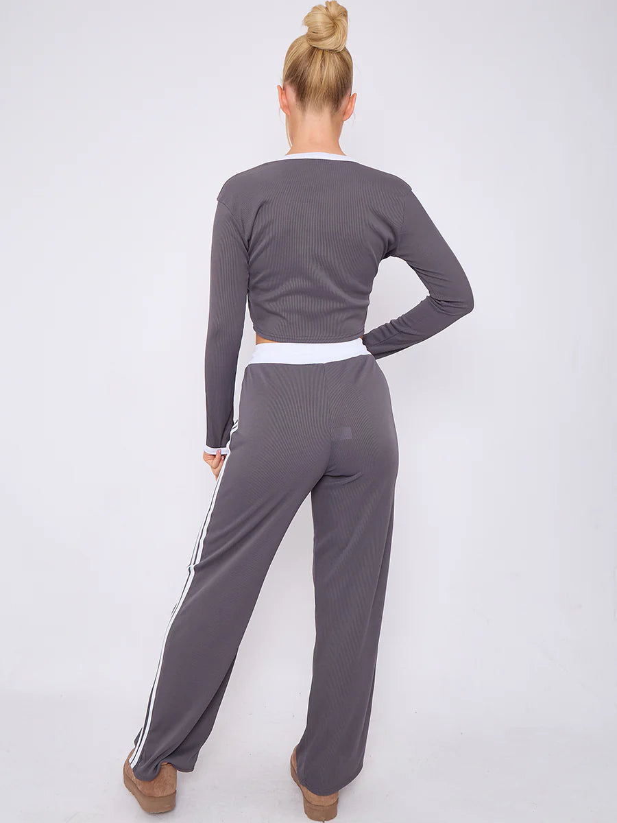 ribbed crop top trouser co ord with stripe detail charcoal rear