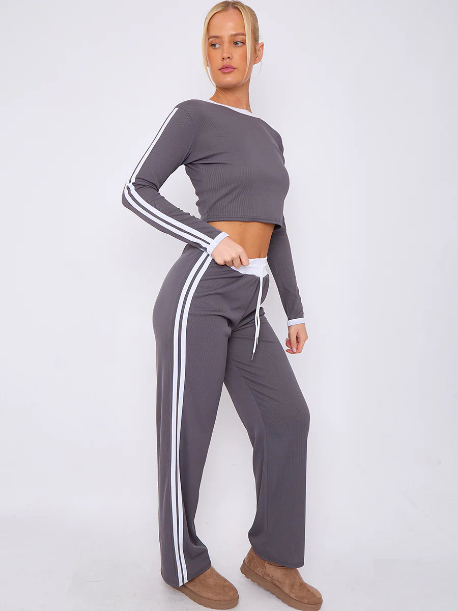 ribbed crop top trouser co ord with stripe detail charcoal side alternate