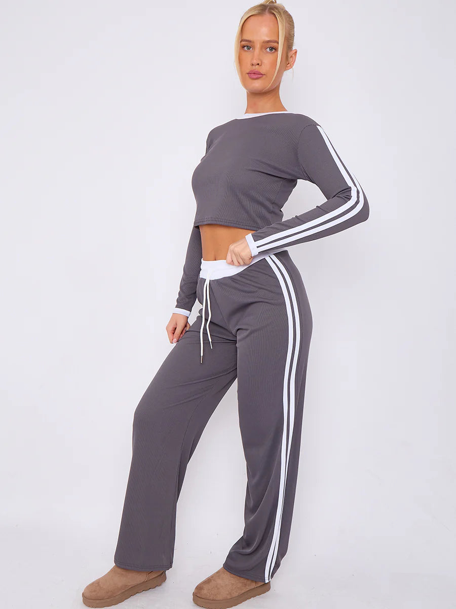 ribbed crop top trouser co ord with stripe detail charcoal side