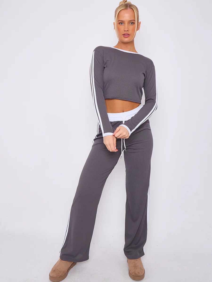 ribbed crop top trouser co ord with stripe detail charcoal