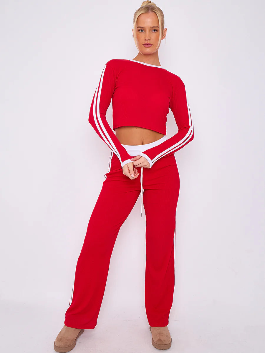 ribbed crop top trouser co ord with stripe detail red alternate