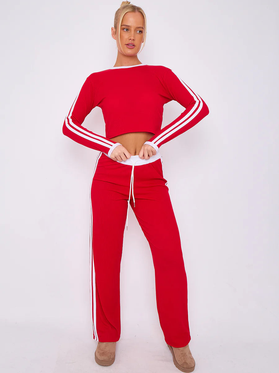 ribbed crop top trouser co ord with stripe detail red alternative