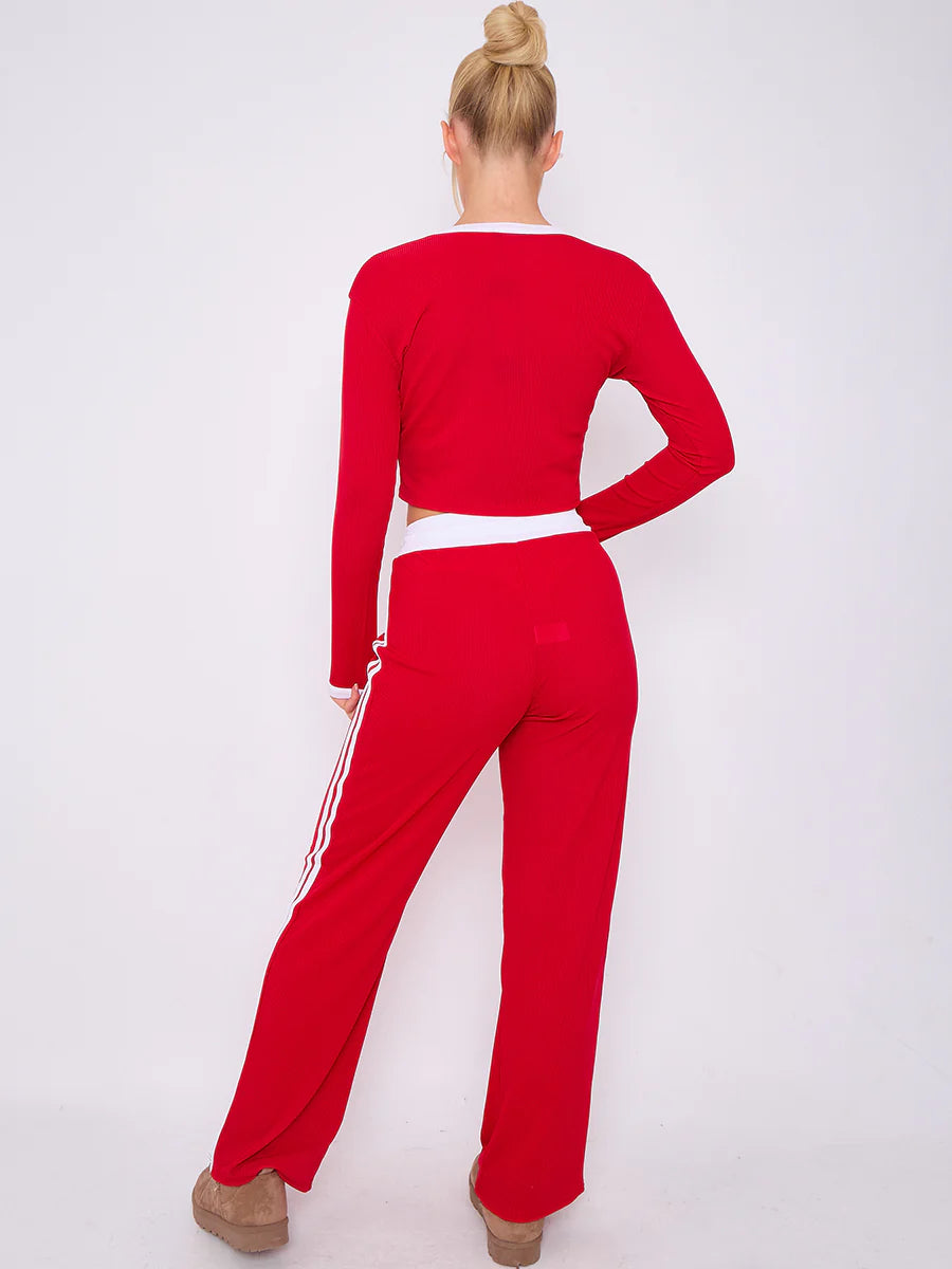 ribbed crop top trouser co ord with stripe detail red rear