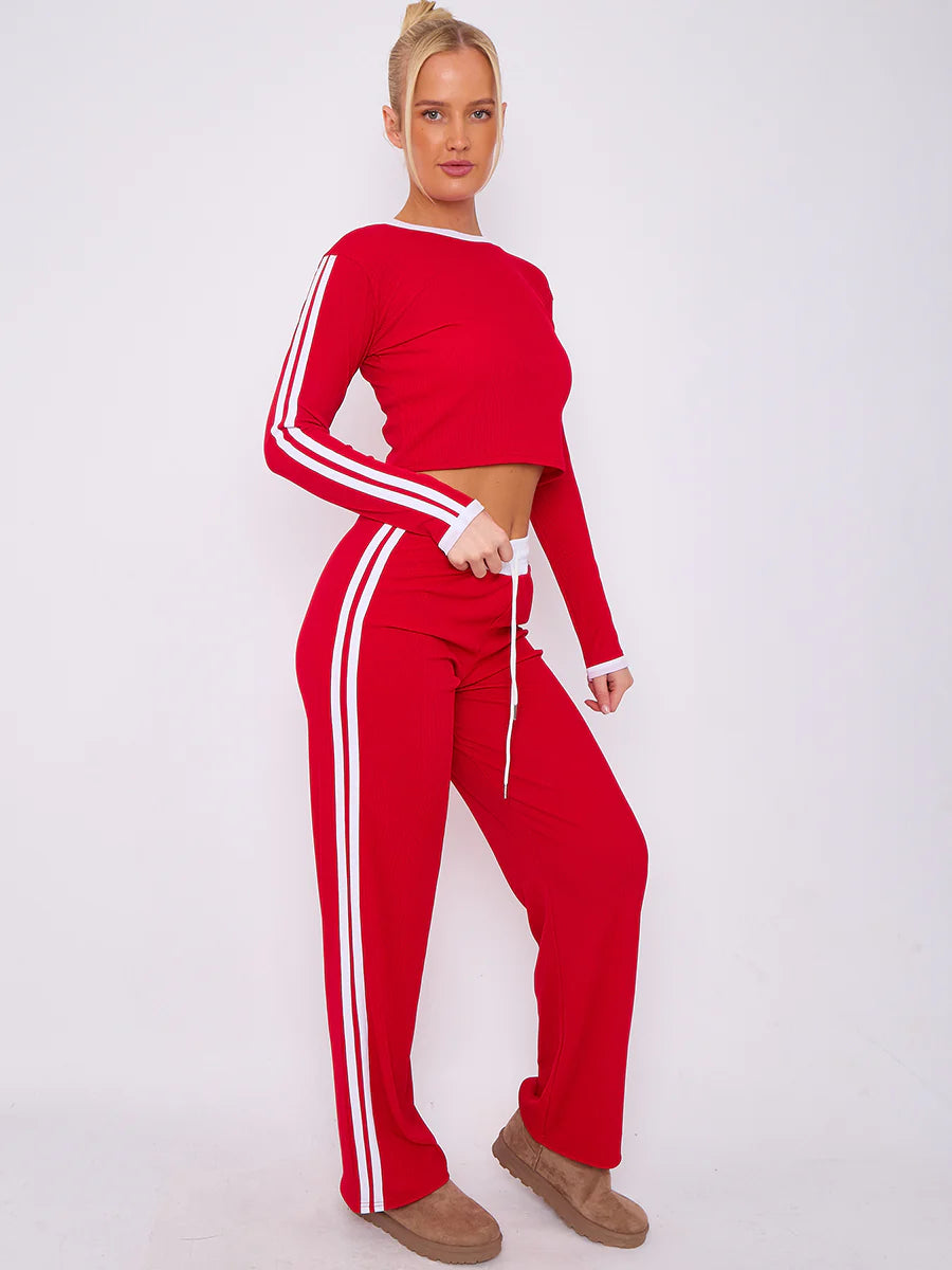 ribbed crop top trouser co ord with stripe detail red side alternate