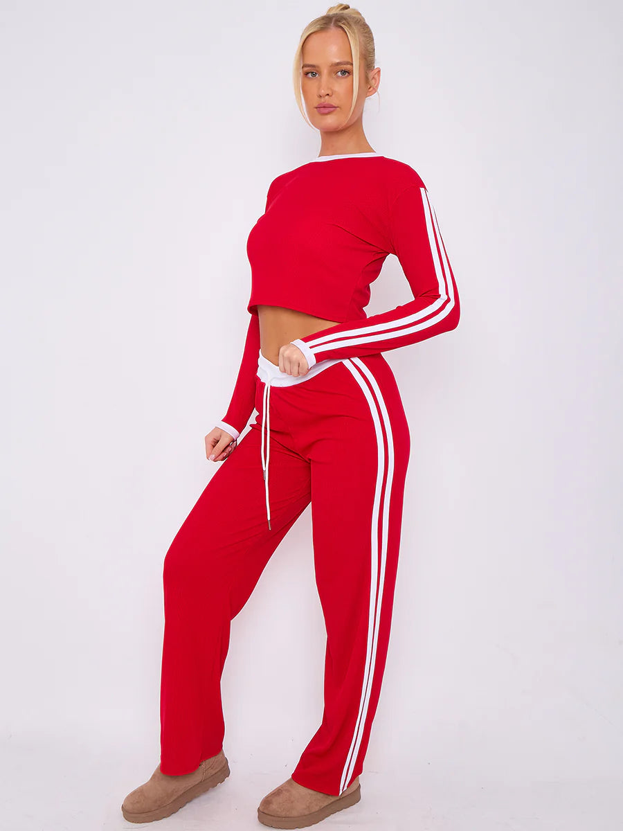 ribbed crop top trouser co ord with stripe detail red side