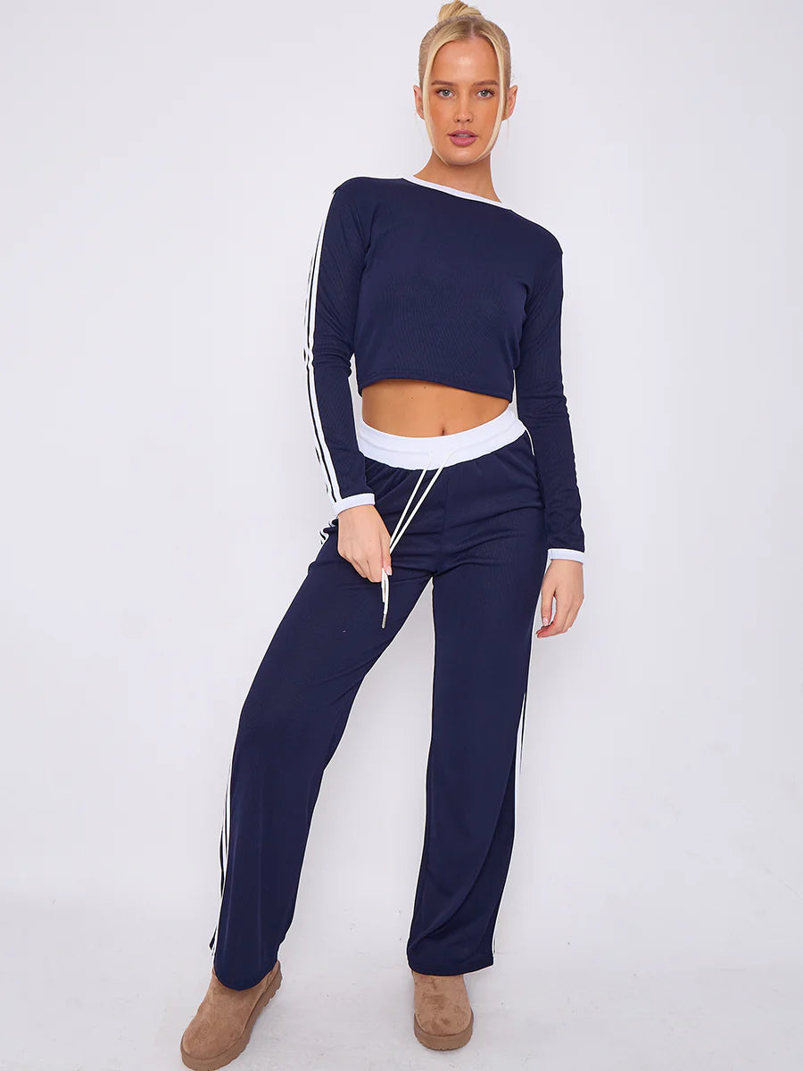 ribbed crop top trouser co ord with stripe detail side alternate