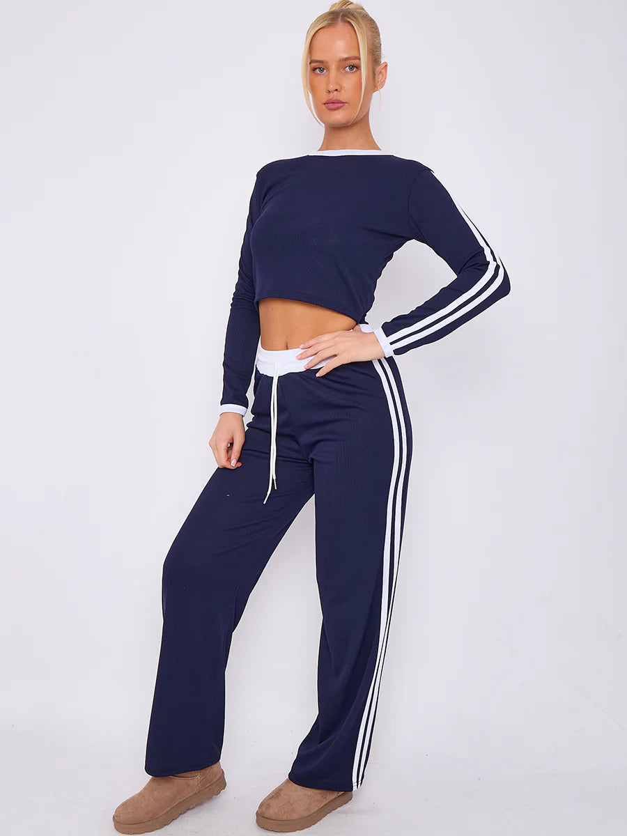 ribbed crop top trouser co ord with stripe detail side alternative