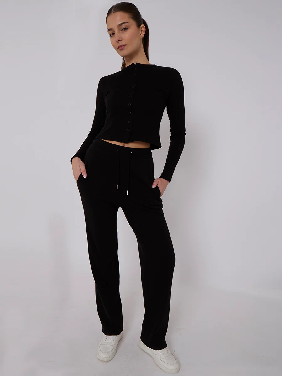 ribbed front button detail top wide leg trouser co ord black