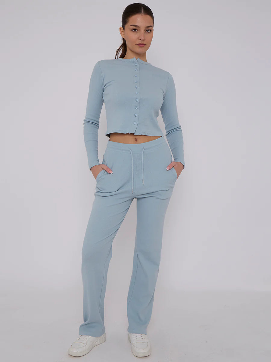 ribbed front button detail top wide leg trouser co ord blue