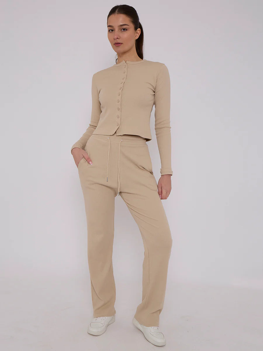 ribbed front button detail top wide leg trouser co ord oatmeal