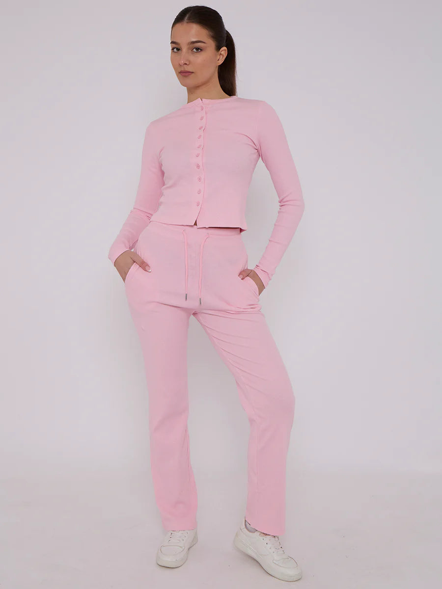 ribbed front button detail top wide leg trouser co ord pink